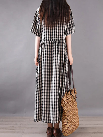 Summer Plaid Strap Linen Cotton Dress