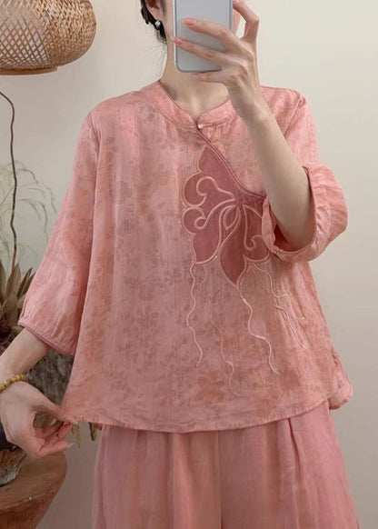 Blue Embroidered Sequins Linen Shirt Tops Summer