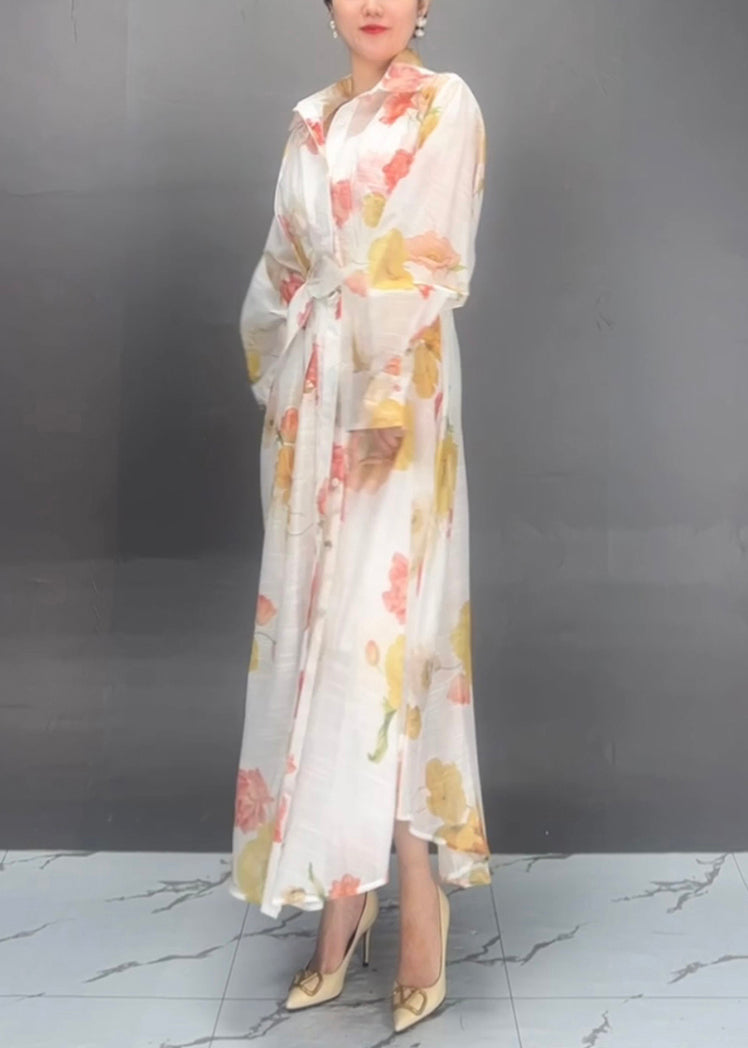 Red Peter Pan Collar Print Tie Waist Vacation Long Dresses Fall