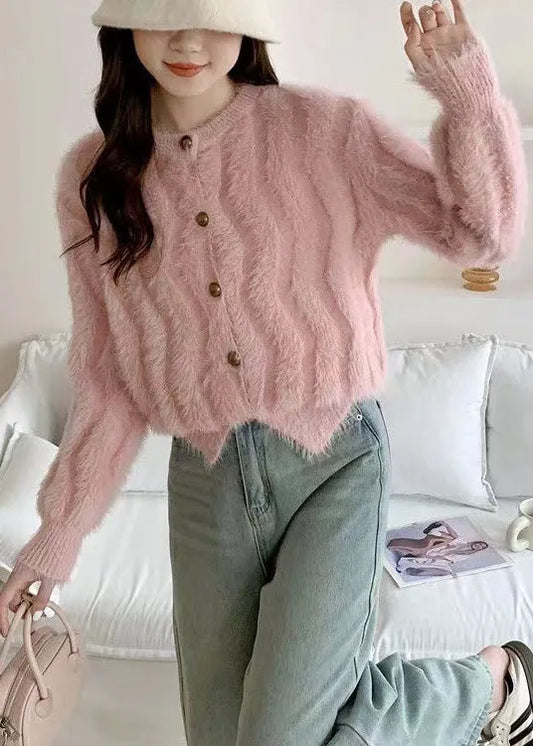 French Pink O Neck Button Mink Hair Knitted Cardigan Fall