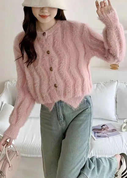 French Pink O Neck Button Mink Hair Knitted Cardigan Fall