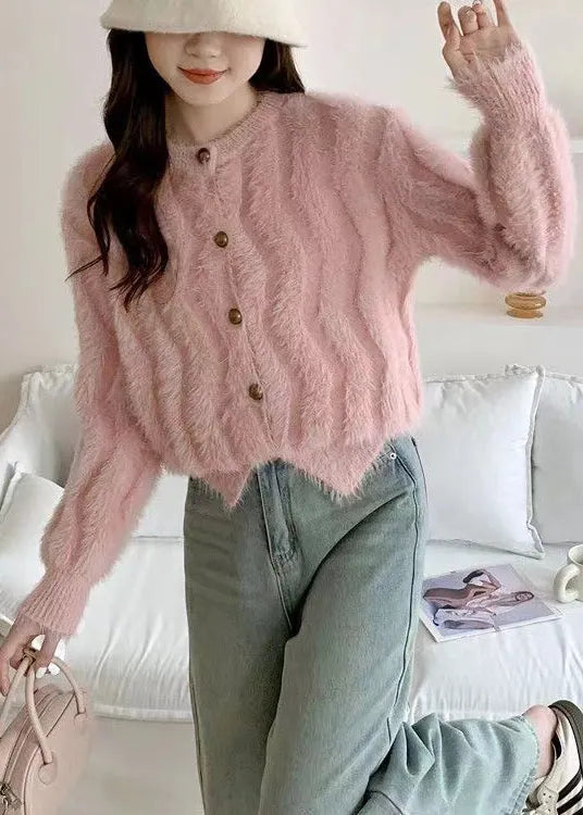 French Pink O Neck Button Mink Hair Knitted Cardigan Fall