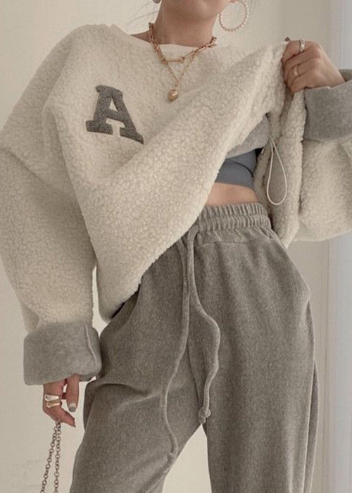 Beige Drawstring Cozy Sweatshirt Batwing Sleeve