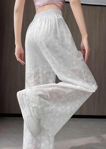 New White Hollow Out Elastic Waist Thin Cotton Wide Leg Pants Fall