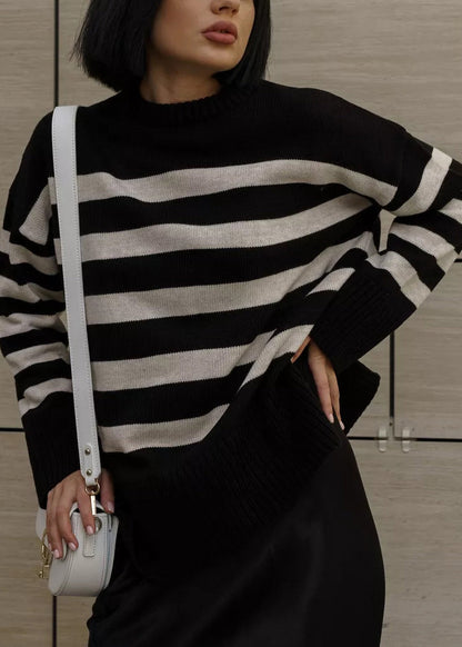 Natural Black O Neck Thick Striped Knit Sweaters Top Fall
