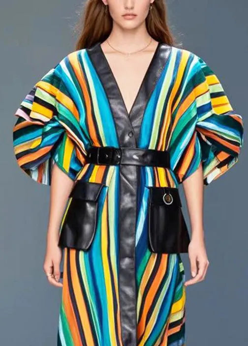 Rainbow Striped Patchwork Pockets Cotton Dress Puff Sleeve