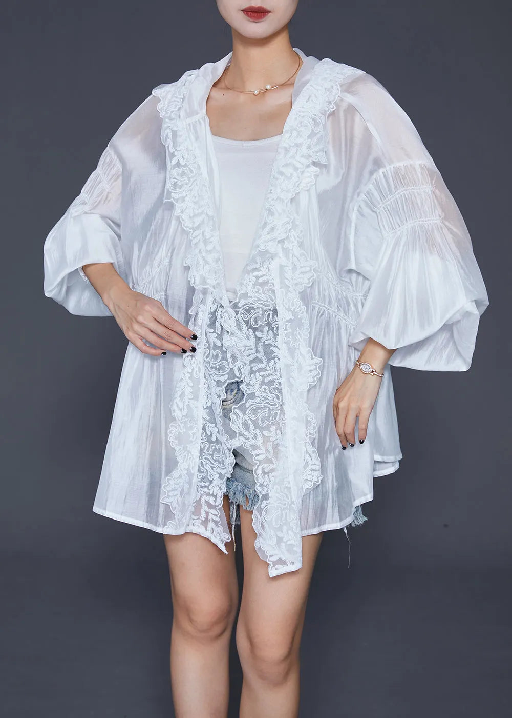 White Hooded Lace Patchwork Silk Cardigans Lantern Sleeve