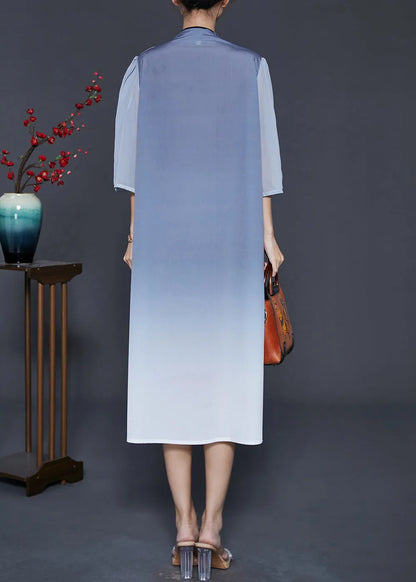 Blue Print Silk Fake Two Piece Dress Summer
