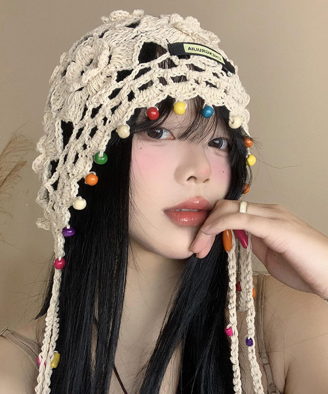 Beige Tassel Hollow Out Knit Boonie Hat