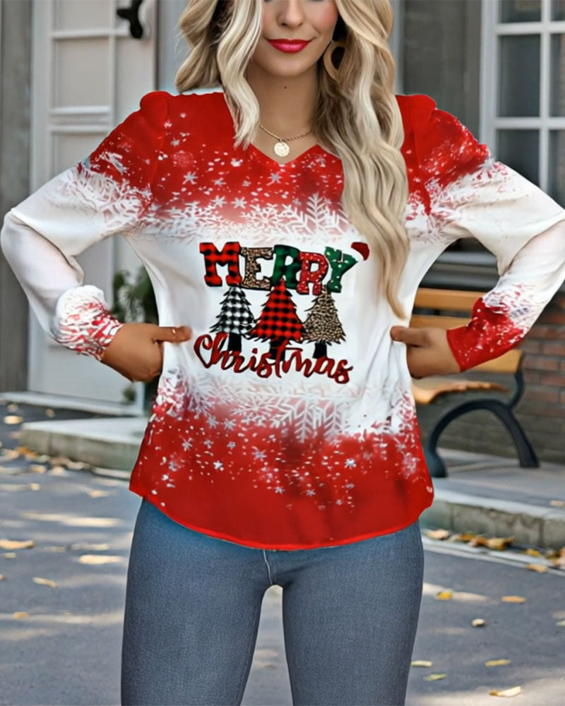 V-Neck Christmas Tree Print Long-Sleeve