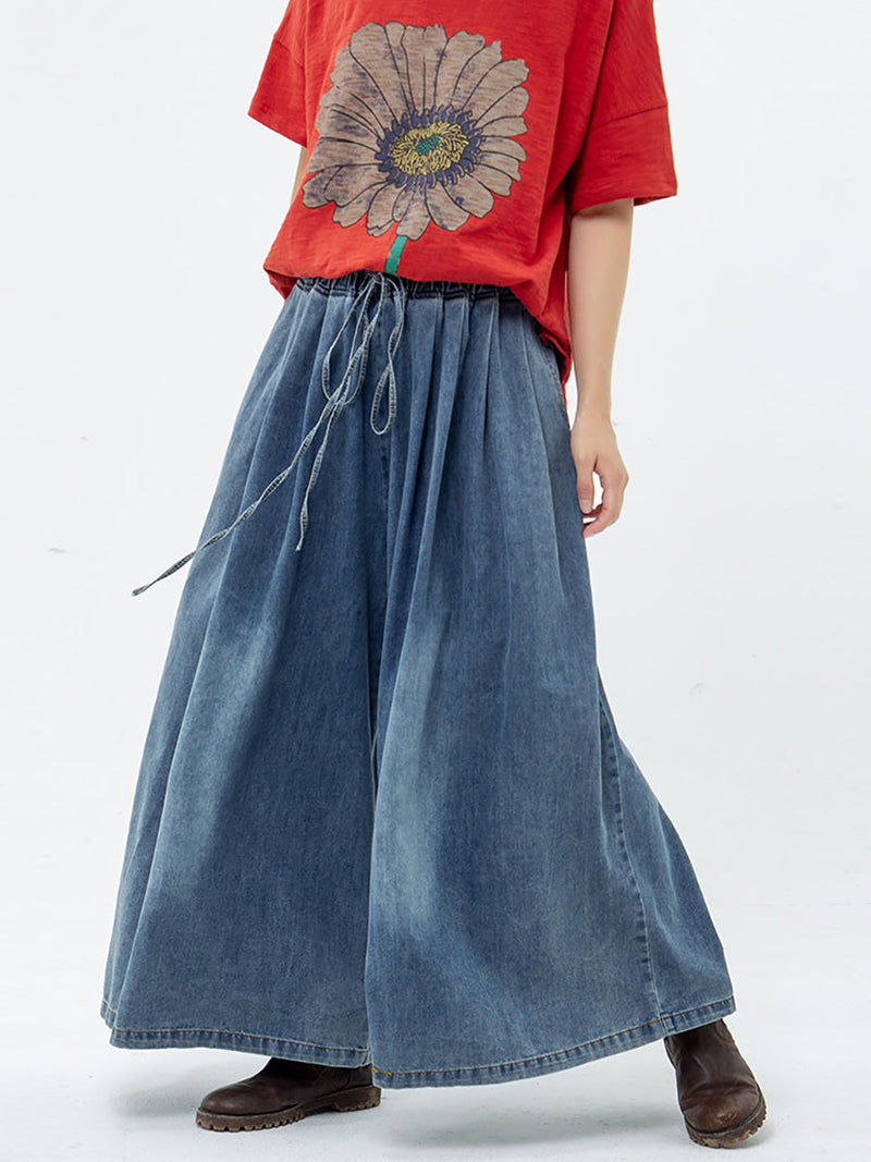 Drawstring Blue Denim Wide Leg Pants Jeans