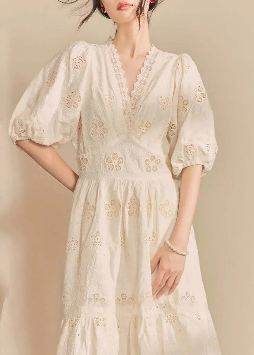 Style Beige V Neck Wrinkled Hollow Out Long Dress Summer