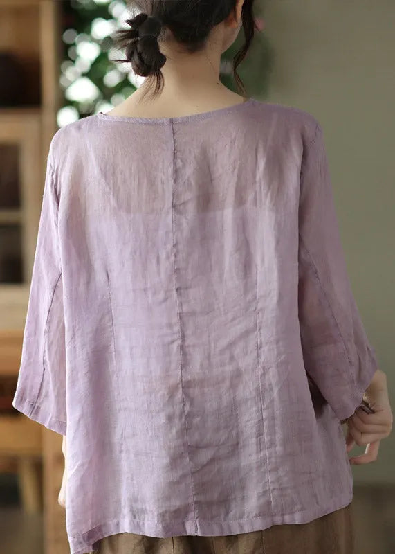 Purple O-neck Button Linen Shirt Long Sleeve