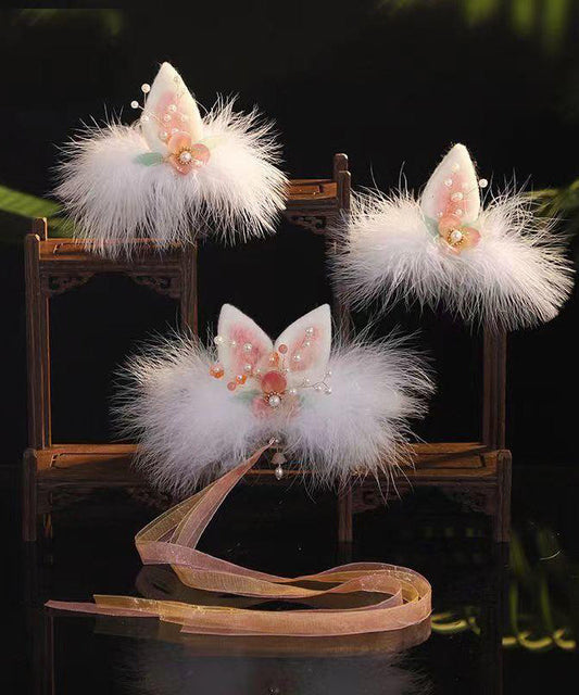 Watery Red Alloy Pearl Colored Glaze Cat's Ears Feather Hairpin and Ribbon Two-piece Set