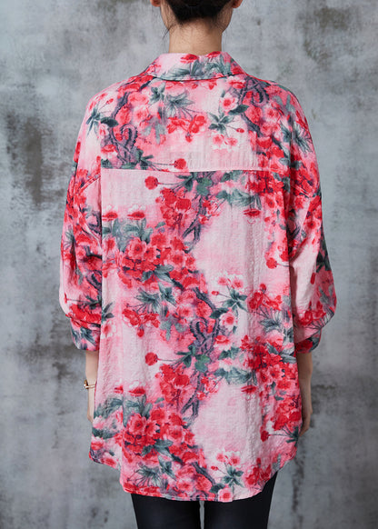 Red Plum Blossom Print Cotton Shirt Top Spring