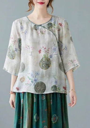 Brown-pumpkin Print Ramie Elastic Waist Skirt