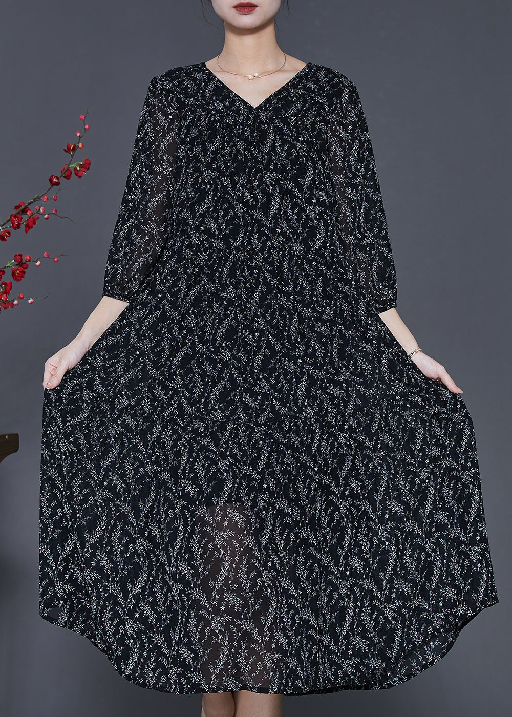 Black Oversized Print Chiffon Dress Half Sleeve