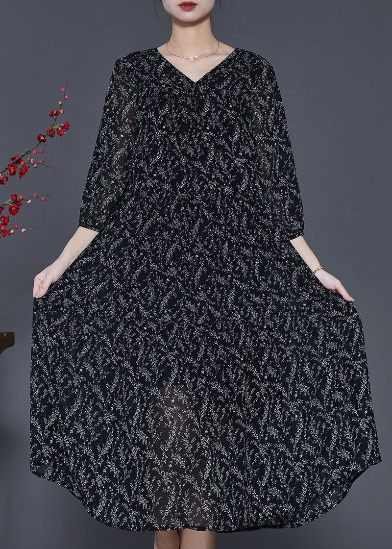 Black Oversized Print Chiffon Dress Half Sleeve