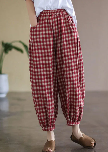 Red Plaid Pockets Elastic Waist Linen Crop Pants Summer