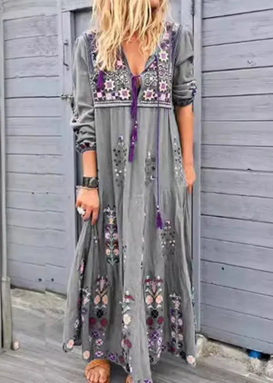 Blue V Neck Print Patchwork Cotton Long Dresses Spring