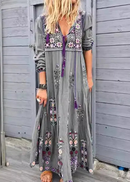 Blue V Neck Print Patchwork Cotton Long Dresses Spring