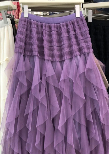 Purple Asymmetrical Patchwork Elastic Waist Tulle a Line Skirt Summer
