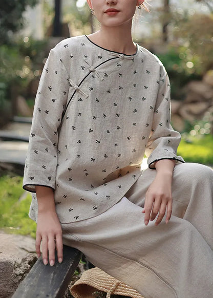 New O Neck Print Chinese Button Linen Blouses Spring