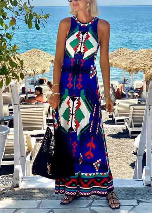 Organic Blue O Neck Print Cotton Long Dresses Sleeveless