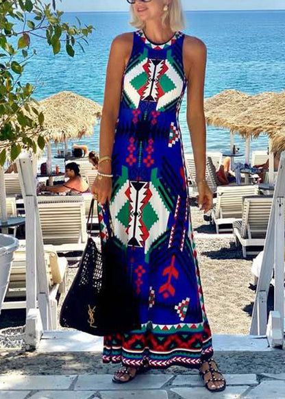 Organic Blue O Neck Print Cotton Long Dresses Sleeveless