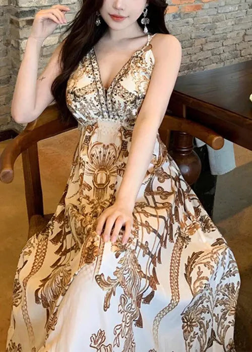 V Neck Print High Waist Spaghetti Strap Dress Sleeveless