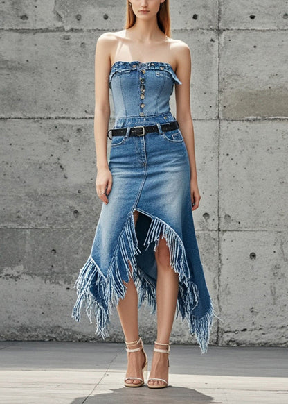 Blue Asymmetrical Patchwork Tasseled Denim Skirts Fall