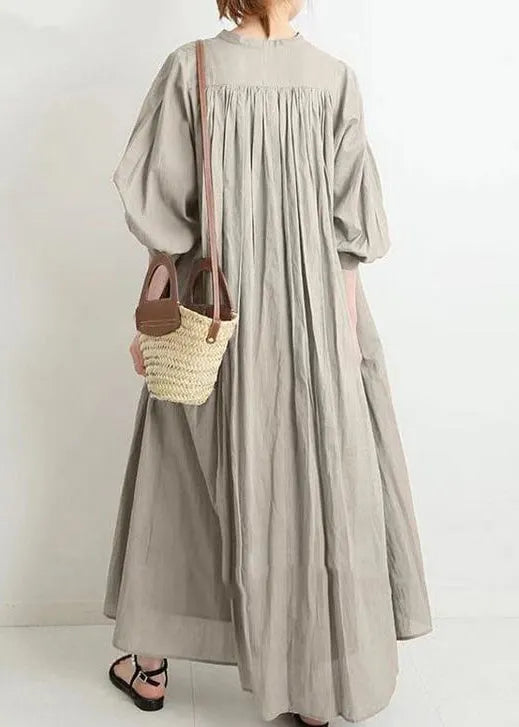 Apricot O Neck Button Cotton Shirts Dress Spring