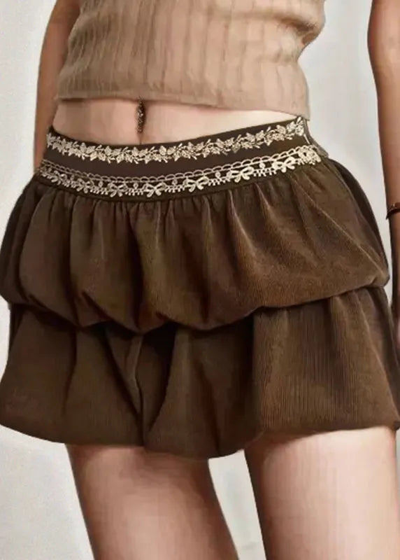 Brown Zippered Lace High Waist Corduroy Skirts Summer