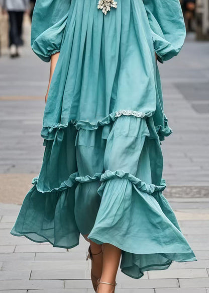 Blue Ruffled Patchwork Lace Dress Bracelet Sleeve
