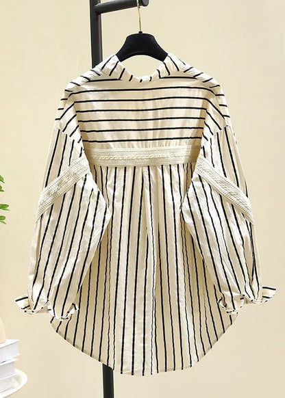 Black Peter Pan Collar Striped Cotton Blouse Top Fall