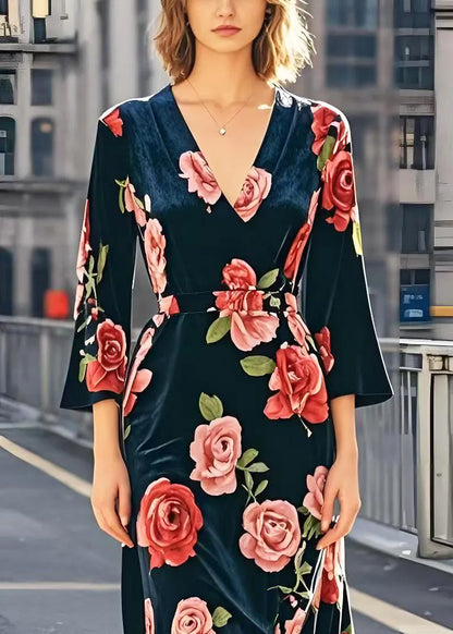 French Cinched Silk Velvet Robe Dresses Bracelet Sleeve