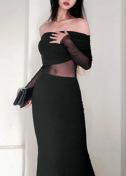 Black Slash Neck Tulle Patchwork Long Dress Spring