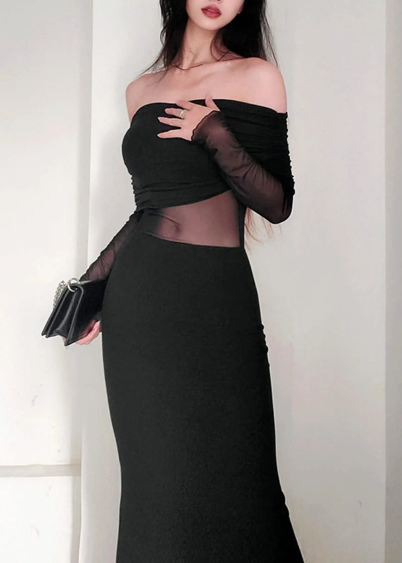 Black Slash Neck Tulle Patchwork Long Dress Spring