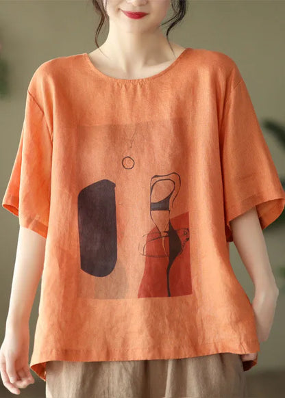 Orange O-neck Patchwork Linen Top Short Sleeve