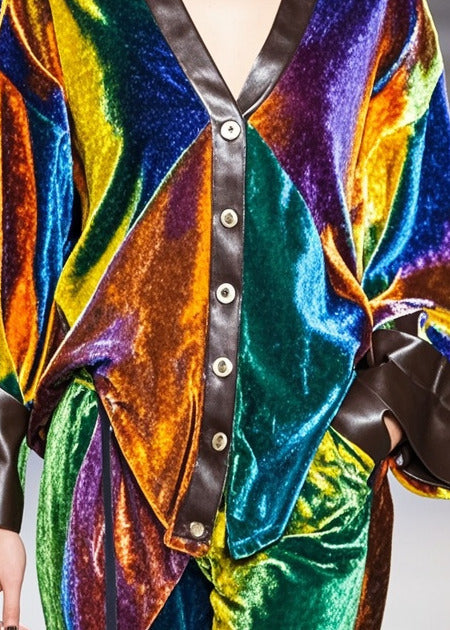Multicolour V Neck Patchwork Silk Velvet Coat Fall