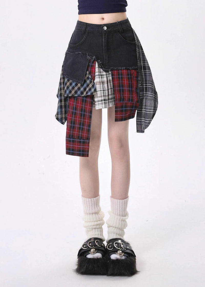 Silm Fit Black Asymmetrical Patchwork Denim Skirts Summer