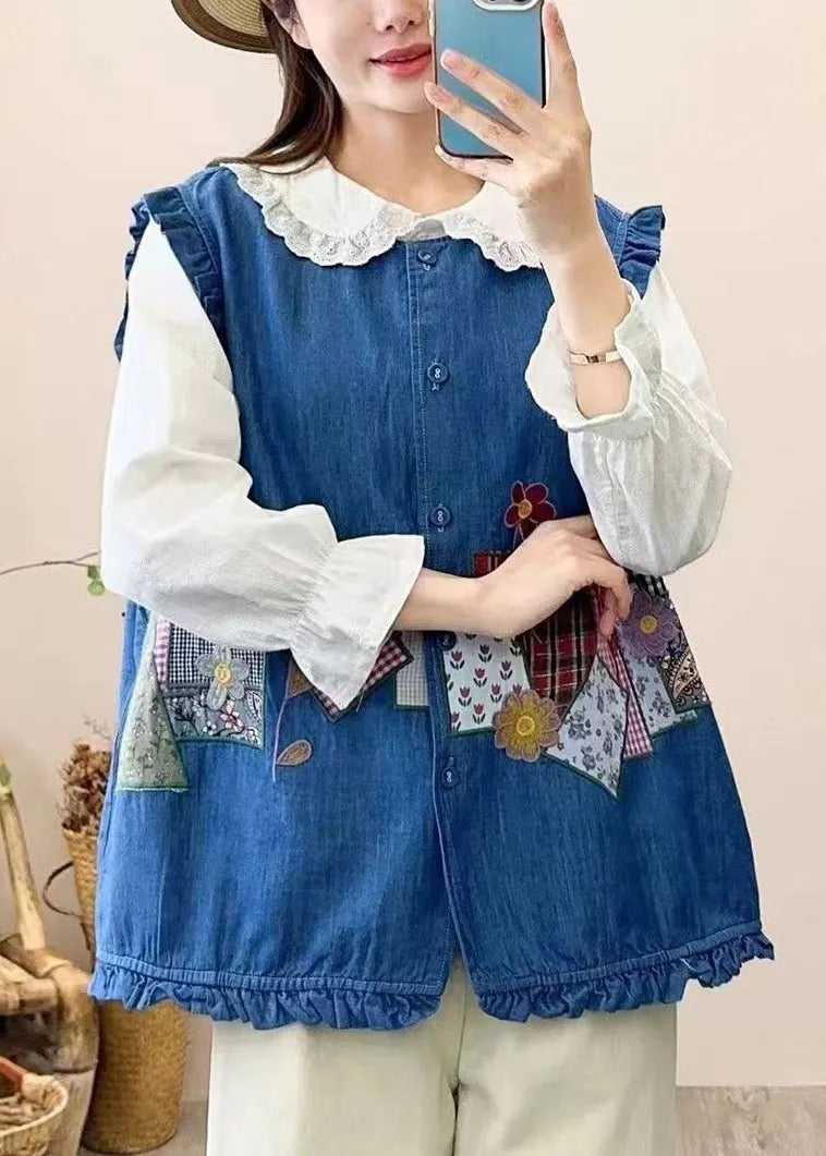Navy Embroidered Patchwork Button Waistcoat Sleeveless