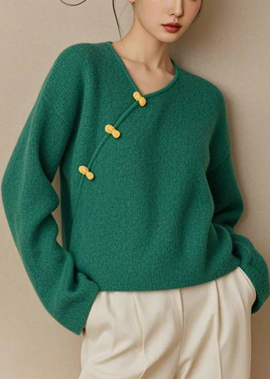 Simple Green V Neck Button Knit Sweater Fall