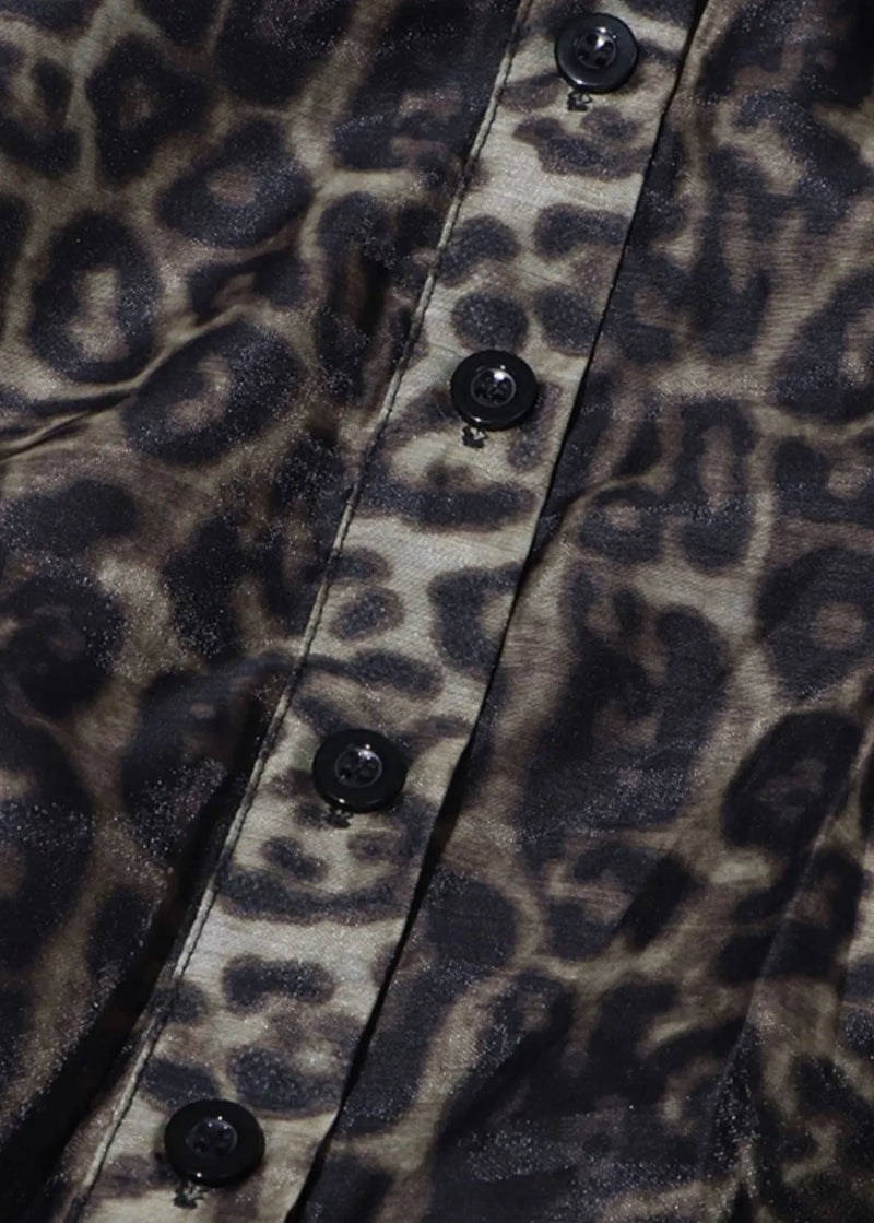 Leopard Peter Pan Collar Tie Waist Chiffon Shirt Dresses Spring