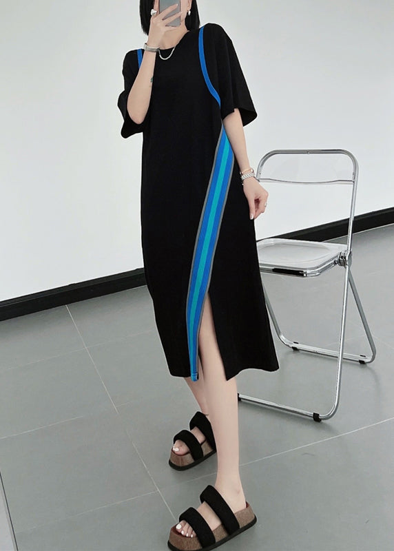 Natural Black O-neck Asymmetrical Patchwork Cotton Dresses Summer