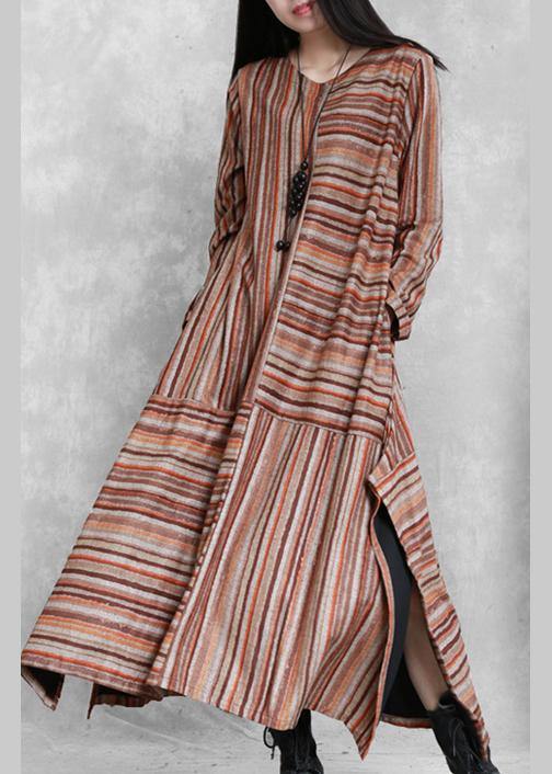 Handmade Khaki Yellow Striped Cotton Linen Quilting Clothes Side Open Cotton Patchwork Dresses