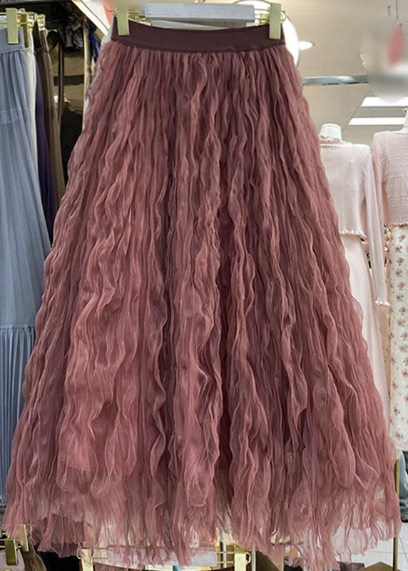 Rose High Waist Wrinkled Tulle Maxi Skirts Spring