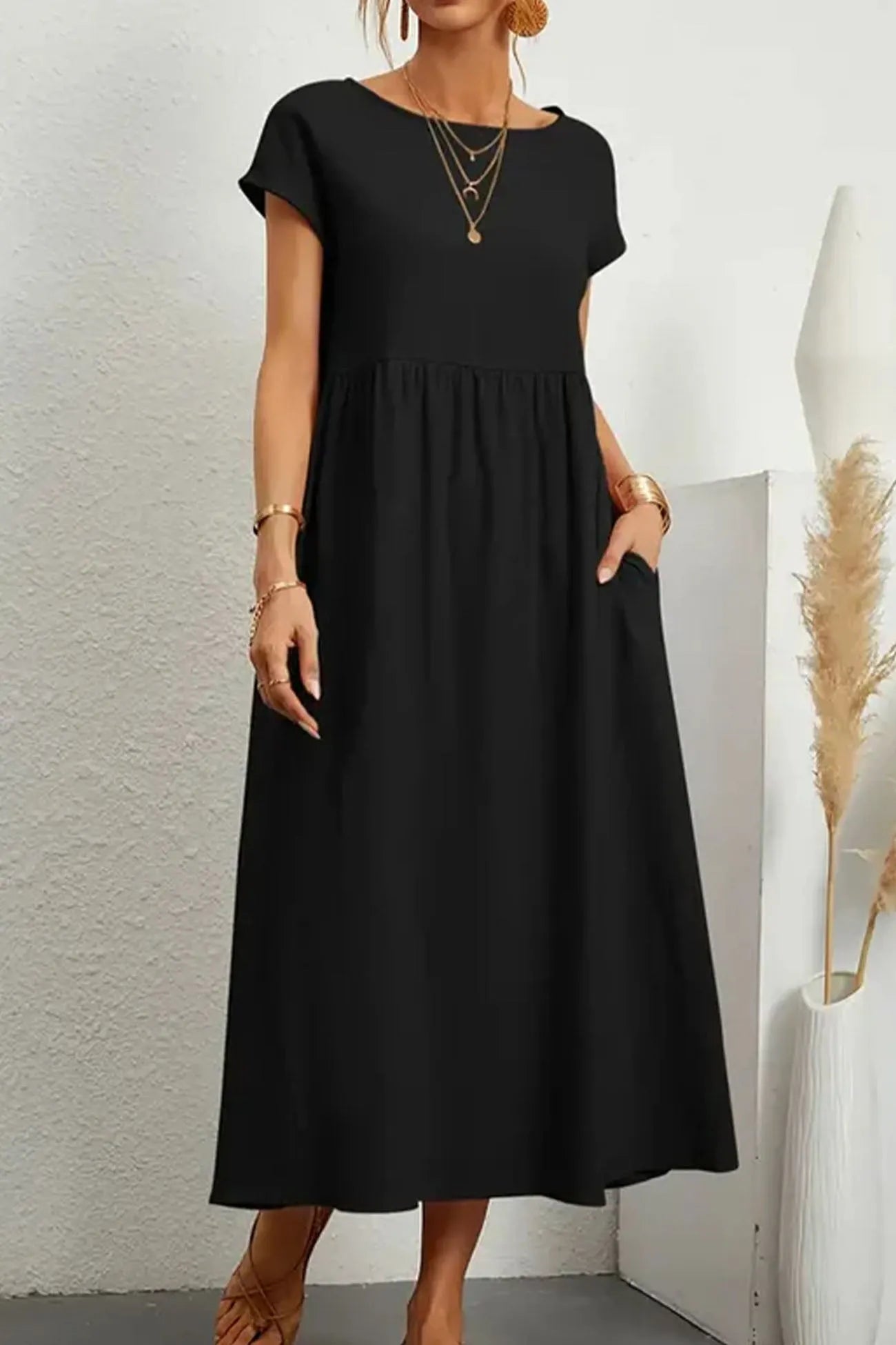 Cotton Linen Short Sleeve Midi Dress