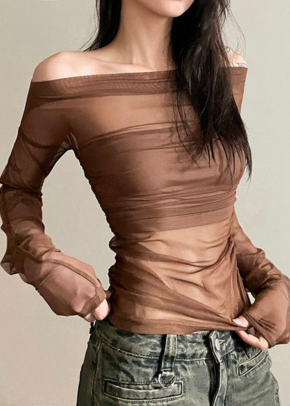 Brown Tulle Hollow One Line Neck Long Sleeved T Shirt Top