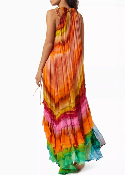 Rainbow Wrinkled Lace Up Cotton Maxi Dresses Sleeveless